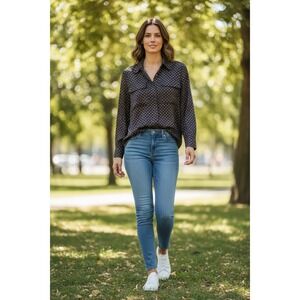 Alexandria Women's Black Geometric Print Button Up Shirt Long Sleeve Size 8